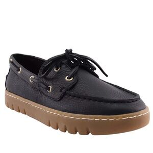 Sperry Black Leather Boat Shoes with Brown Sole